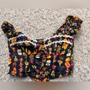 Urban Outfitters Multicolor Smocked Crop Top Ric Rac Ribbon Vegetable Print XS